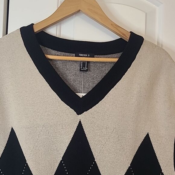 Forever 21 Taupe & Black Argyle Preppy Cotton Sweater Vest Size M - Picture 3 of 14